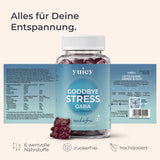 Eine Dose yuicy® Goodbye Stress Gummies mit dem Wirkstoff GABA und L-Theanin. Das Etikett ist blau und zeigt, dass die Gummies zur Entspannung beitragen. Die Dose enthält 60 Stück. Auf dem Etikett steht außerdem: zuckerfrei, vegan und hochdosiert. Geeignet zur Unterstützung bei Stress, innerer Unruhe und Müdigkeit.