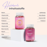 Zwei yuicy® Dosen auf hellem Untergrund. Links oben: Hair Glow Biotin Gummies mit Biotin und 8 Essentials zur Unterstützung der Haargesundheit. Rechts unten: Happy Gut Gummies mit Apfelessig, Folsäure, Rote Beete und Vitamin B12 für Darmgesundheit und Stoffwechsel. Daneben sind die hochdosierten Inhaltsstoffe beider Produkte aufgelistet: Hair Glow enthält unter anderem Biotin, Vitamin B12, Vitamin D3, Folsäure, Beta Karotin und Zink. Happy Gut enthält Apfelessig, Rote Beete, Vitamin B12 und Folsäure.