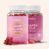 2 yuicy® Dosen im Set. Hair Glow Biotin Gummies für Haargesundheit und Happy Gut Gummies mit Apfelessig, Folsäure und Rote Beete für Stoffwechsel und Darmgesundheit.