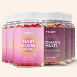 6 yuicy® Dosen im Set. Hair Glow Biotin Gummies für Haargesundheit und Woman's Multivitamin Gummies mit Folsäure und Vitamin D3