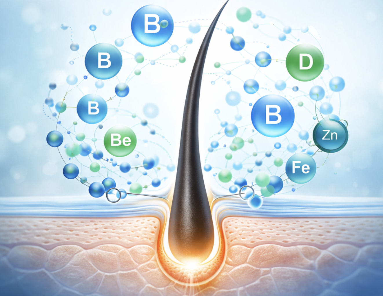 Grafische Darstellung einer Haarwurzel in der Haut, umgeben von Vitaminen und Mineralstoffen wie B, D, Zink und Eisen.